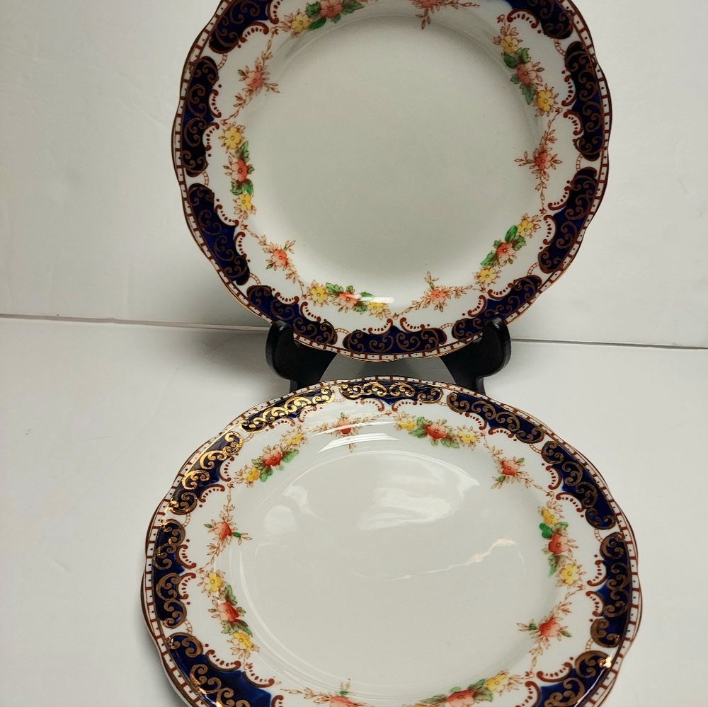 2 England Royal Standard Bone China 8” Plate Style RSD20 Cobalt Blue Gold Swirls